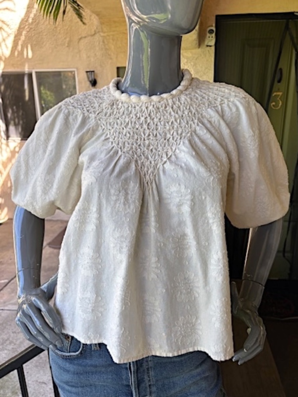 $249 CHRISTY DAWN Organic Cotton Flower Jacquard Top w/ Smocking Det.EUC/sz XS
